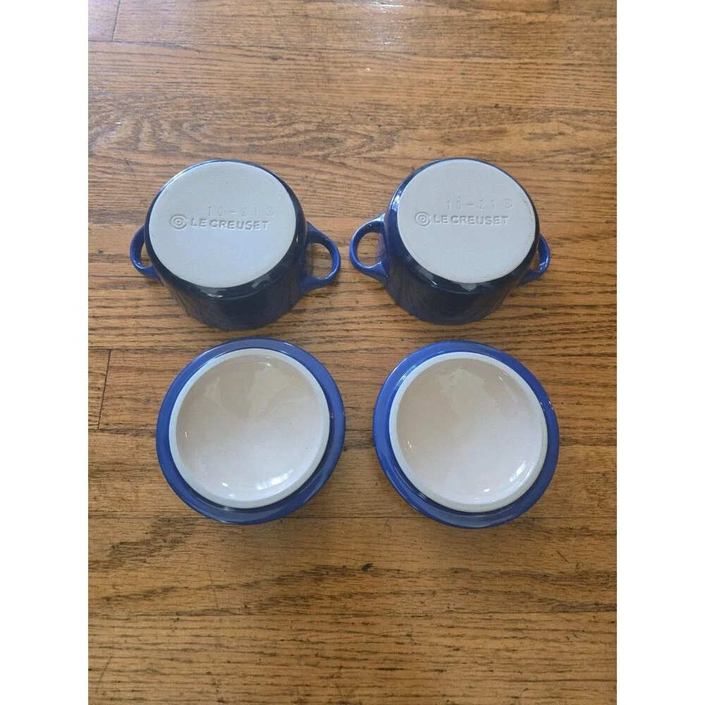 Set of 2 Le Creuset 8oz Mini Round Cocottes Stoneware Cobalt Blue